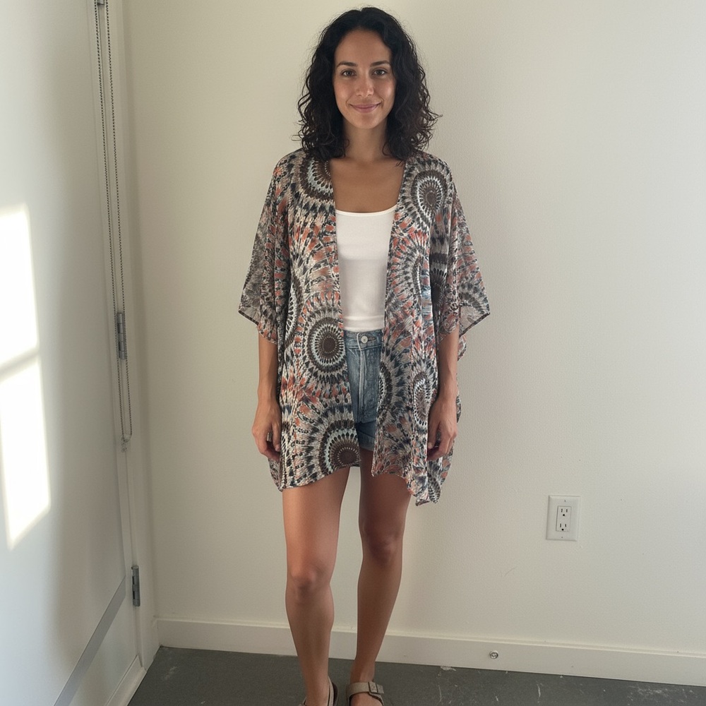 Umgee Women Med/Large Kimono Poncho Duster Mandala Feather Boho Brown Coral‎
